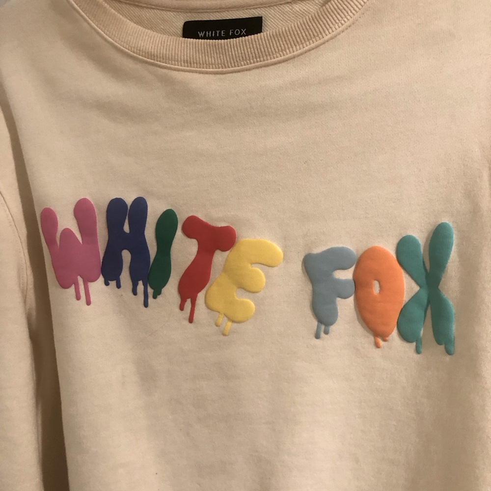 Cream Whitefox Crewneck with colorful decals on front